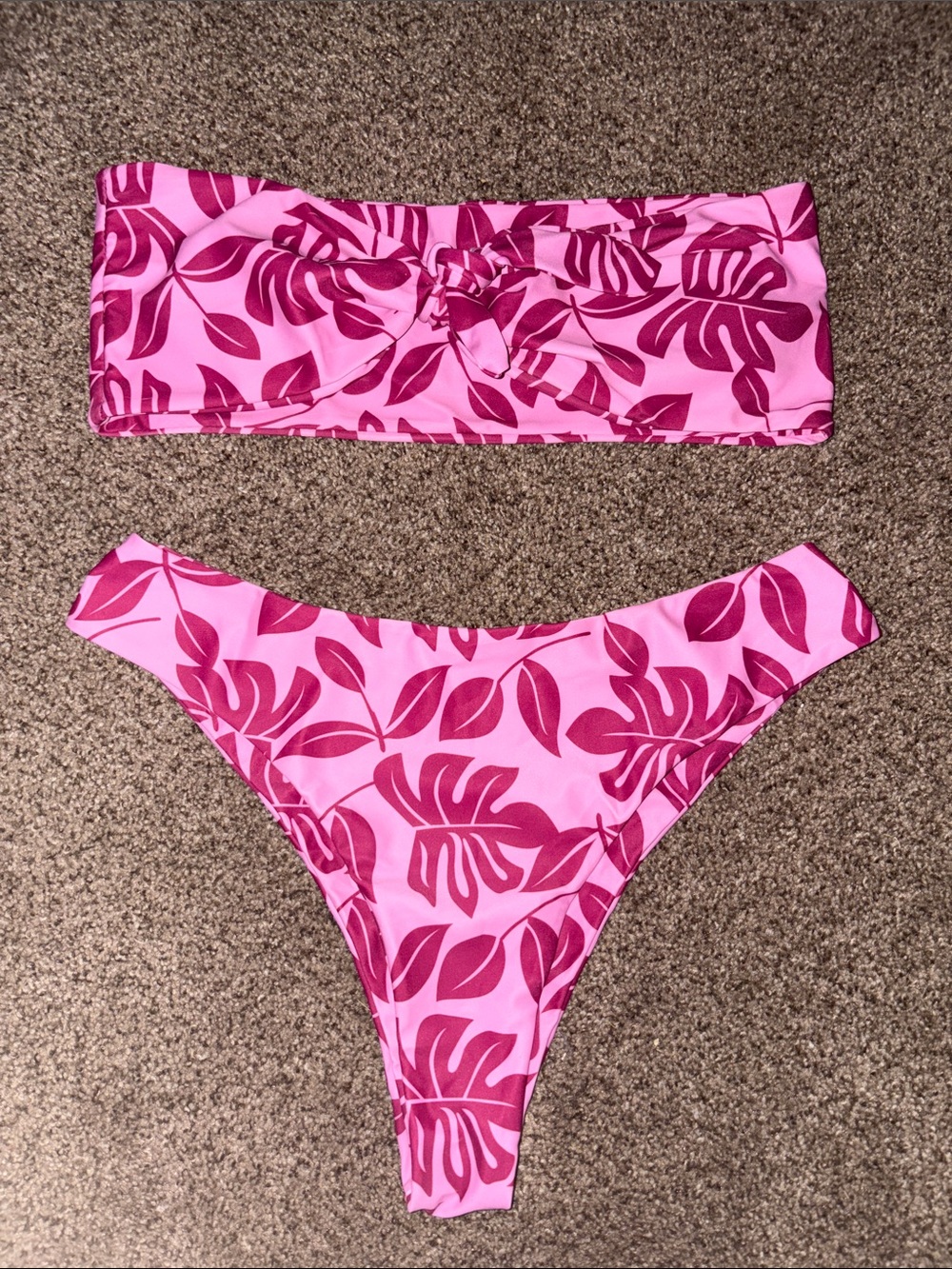 Amazon Pink Tropical Leaf Bandeau Bikini Set- Never Worn